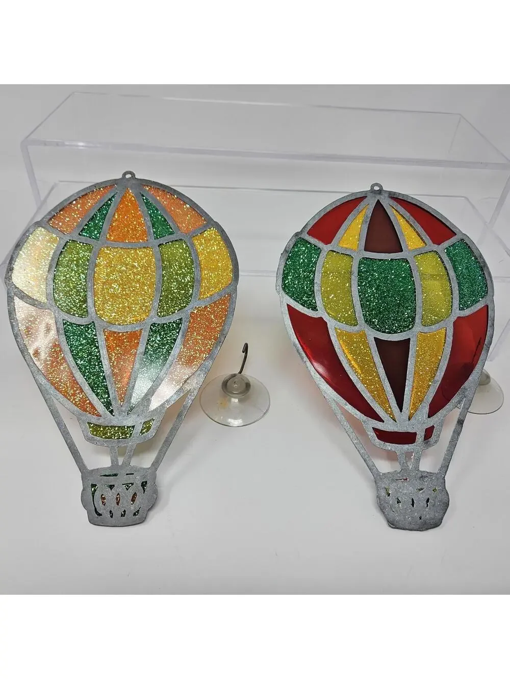 2 Vntg Multicolor Plexiglass Acrylic Hot Air Balloon Suncatchers Ornaments 7.25